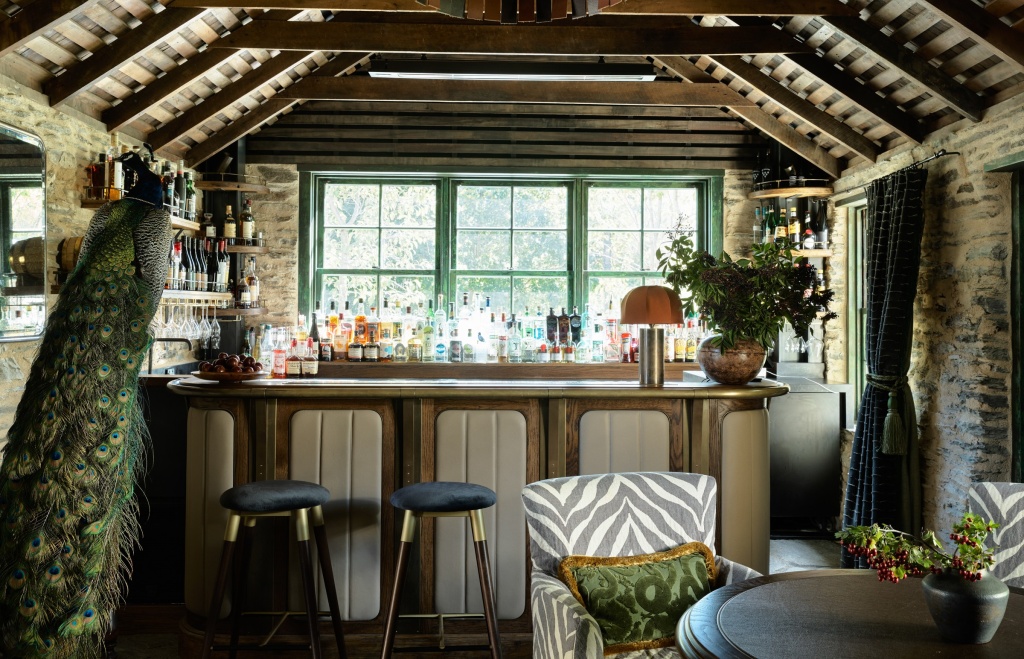 Walnut and leather front cocktail bar at The Burr Bar.